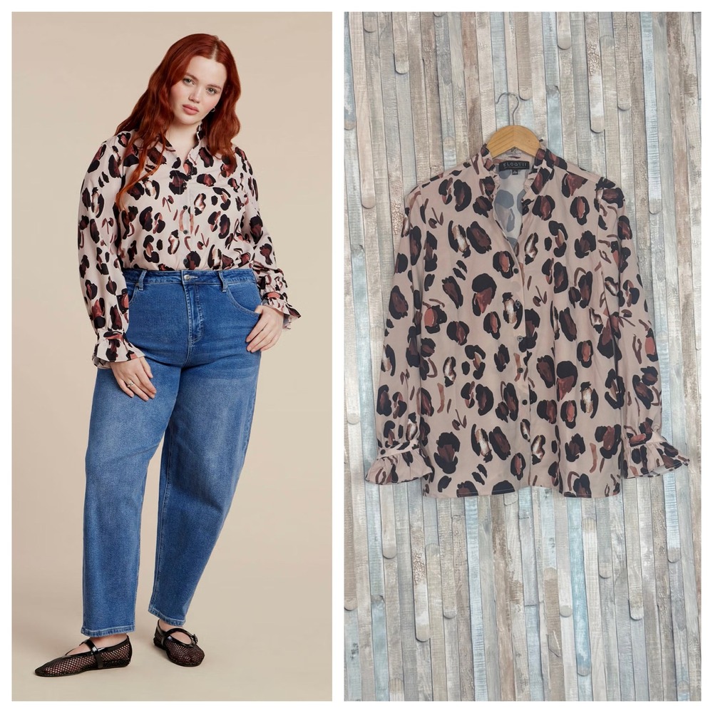 Eloquii 14 Button Down Shirt Ruffle Neck Leopard Animal Printed Top Blouse